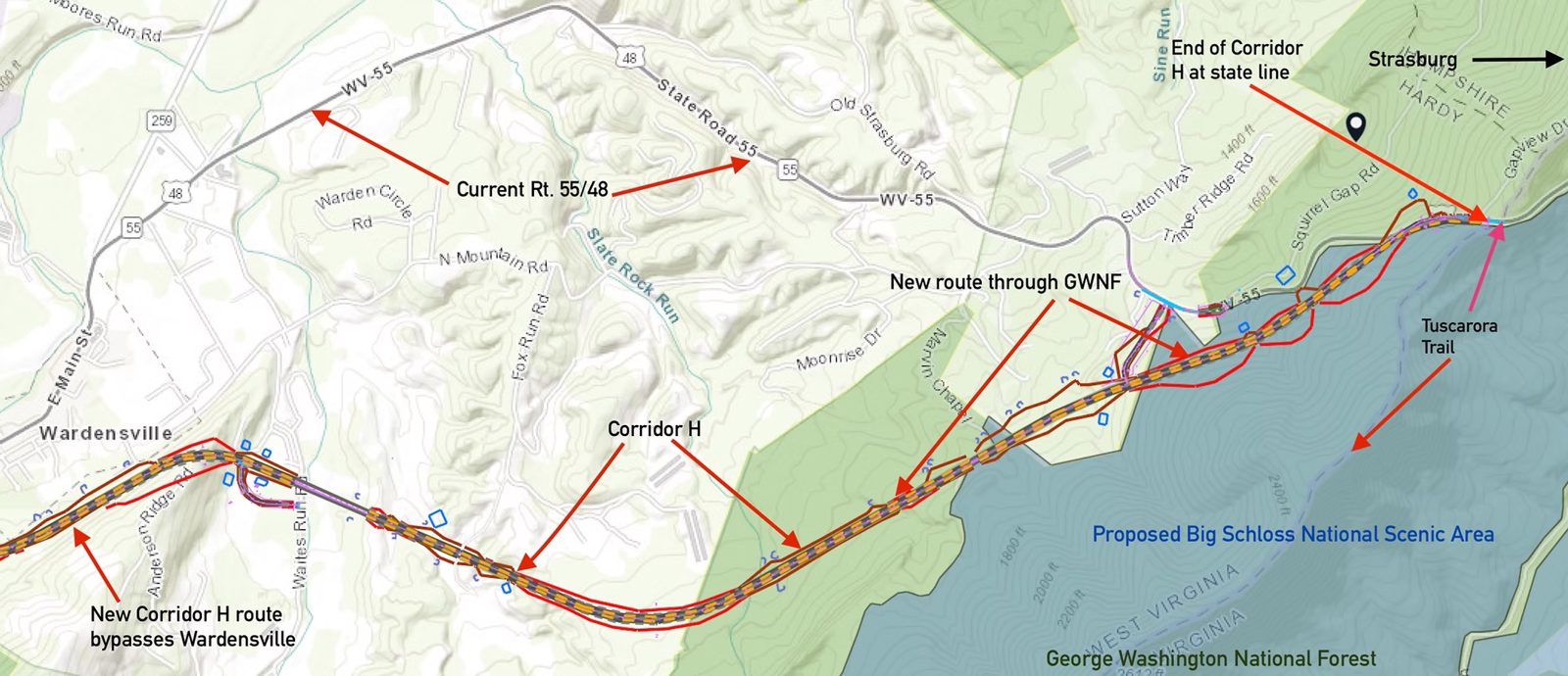 Map of Corridor H segment near Wardensville