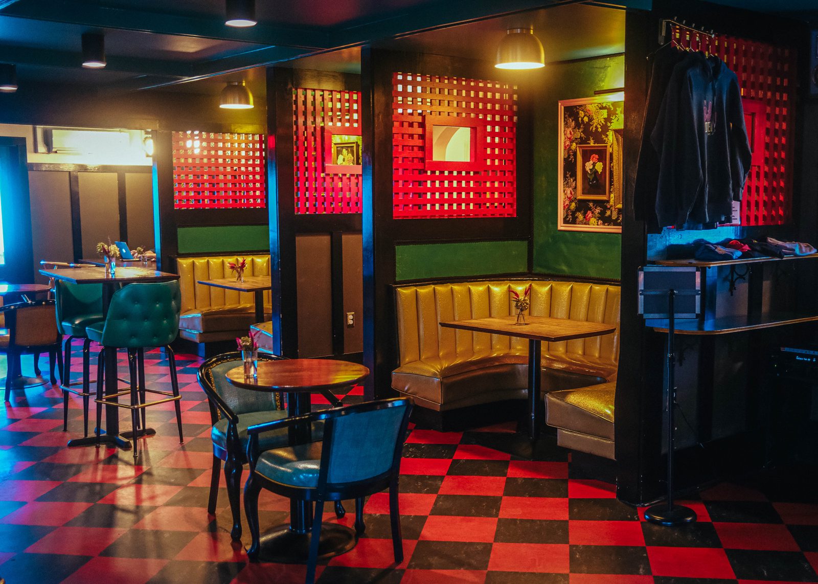 Colorful booths at Billy Motel bar